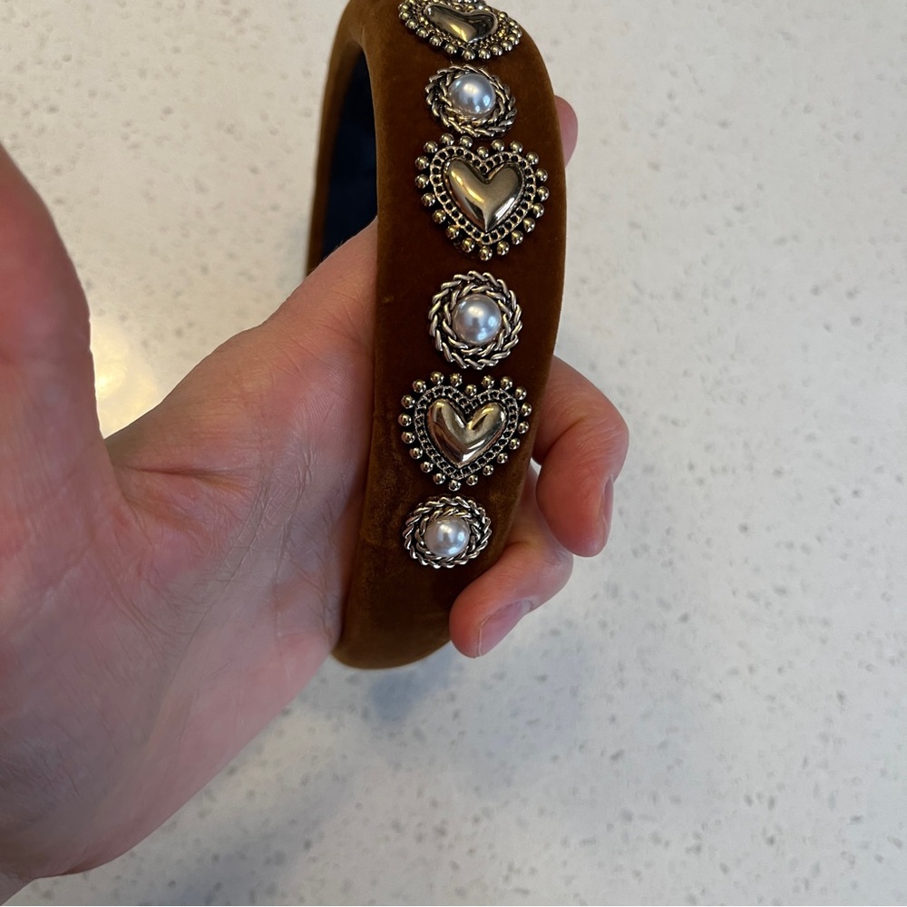 Elegant Brown velvet Headband with heart shaped Gold Accents - Picture 7 of 11